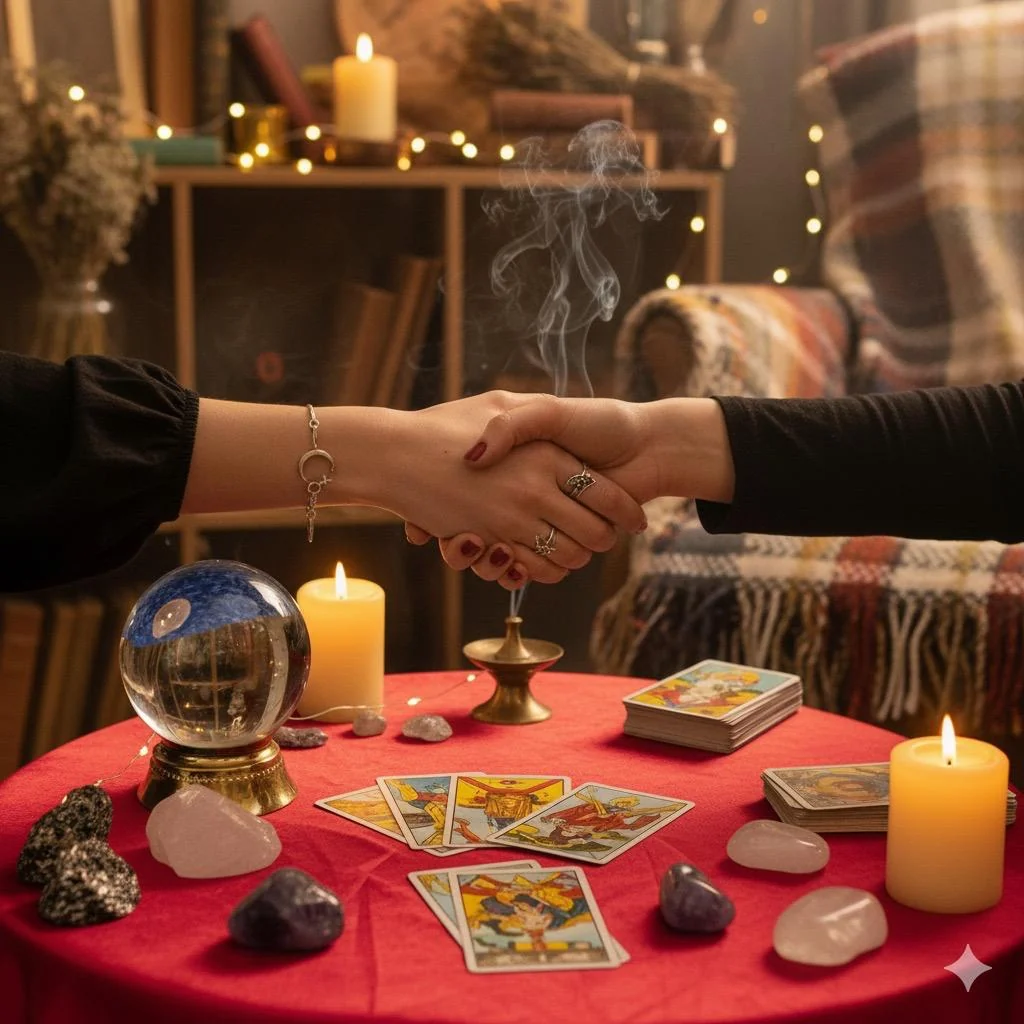 Mãos se cumprimentando junto a cartas, velas e cristais