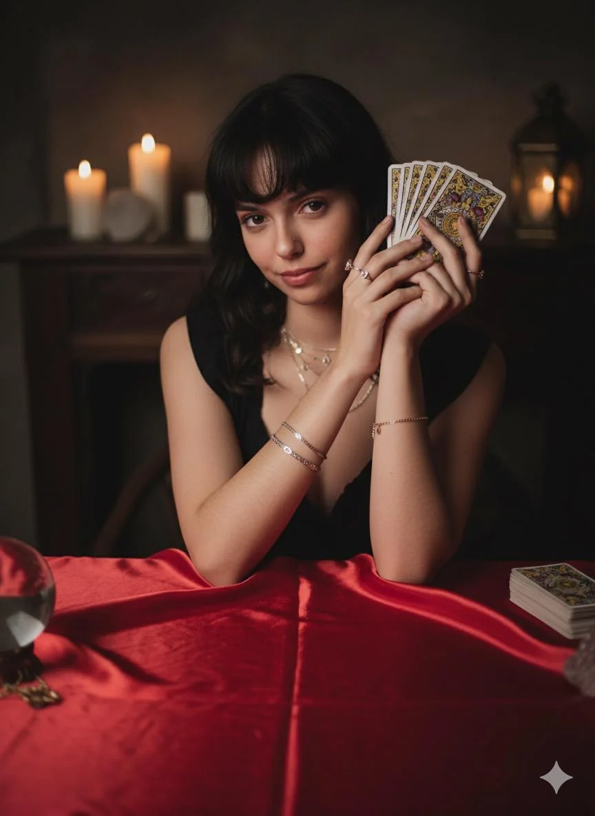 Hanna à mesa, segurando um leque de cartas, com velas ao fundo
