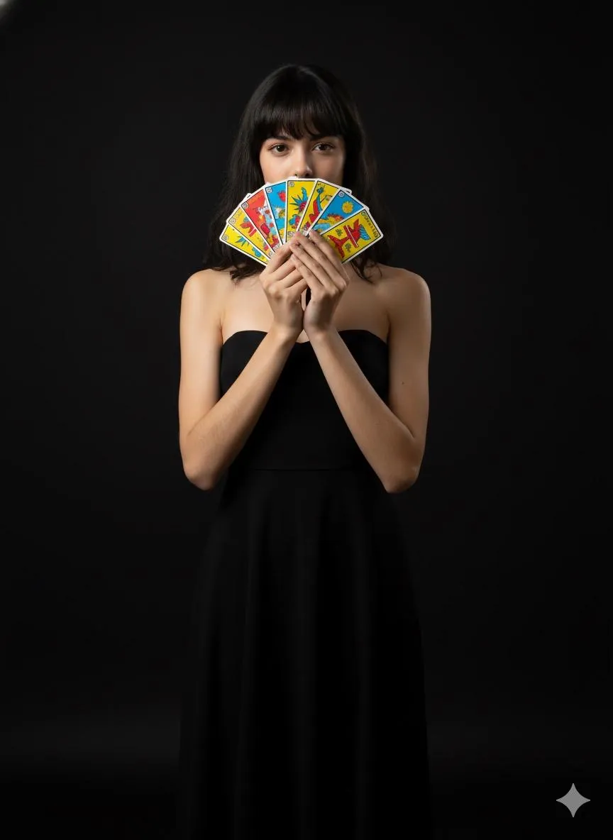 Hanna cobrindo parte do rosto com um leque de cartas coloridas