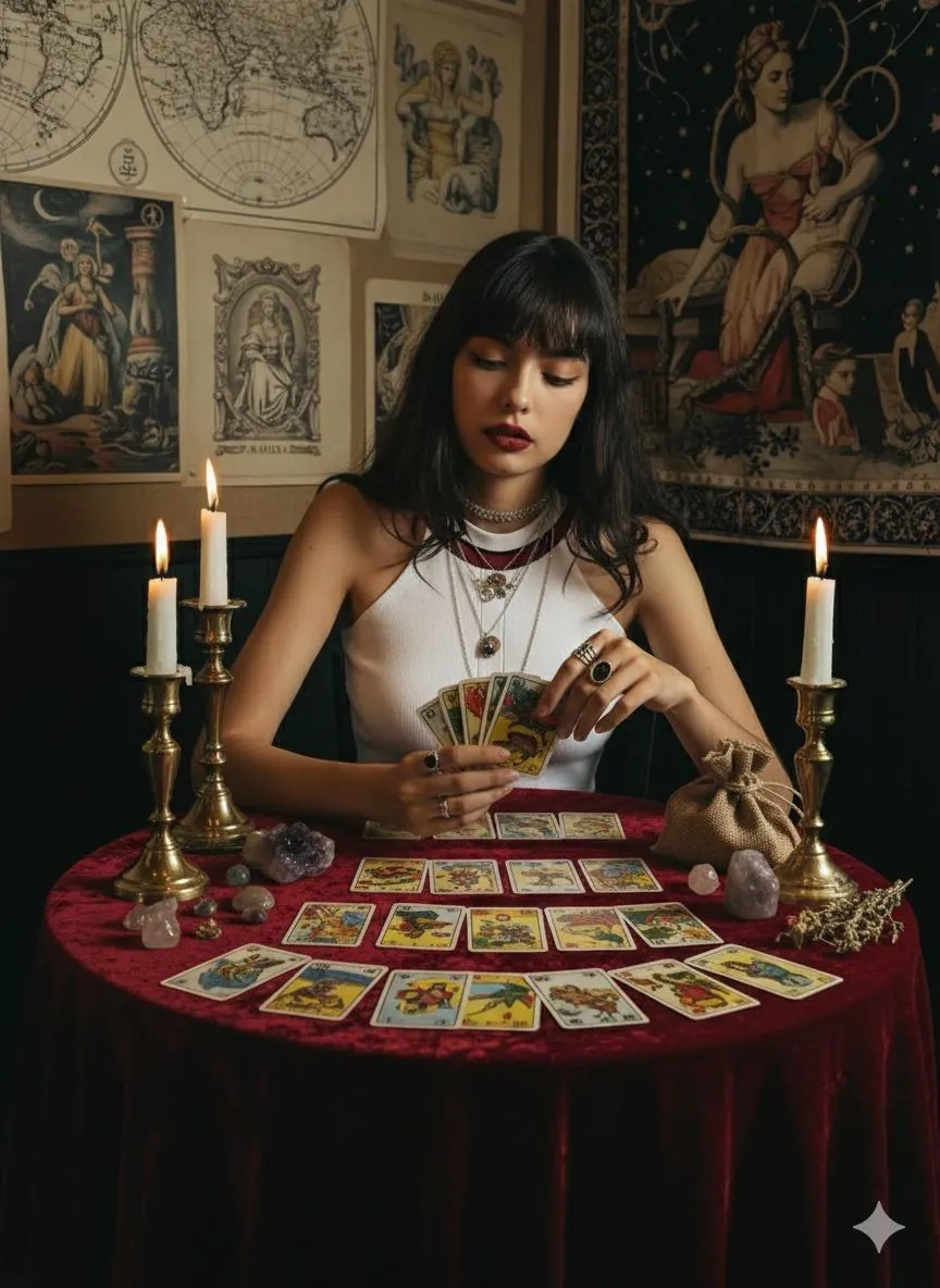Hanna embaralhando cartas diante de uma tiragem em mesa de veludo vermelho