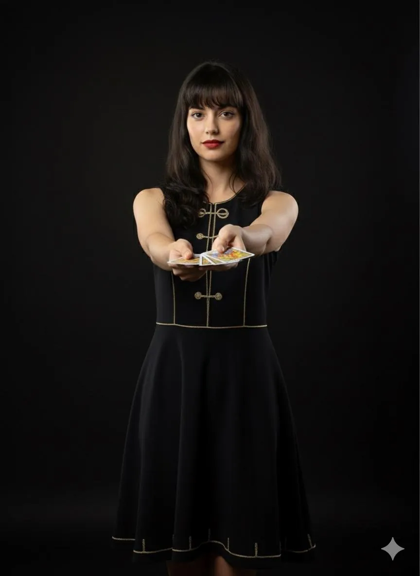 Hanna de vestido preto estendendo cartas em direção a quem vê a foto