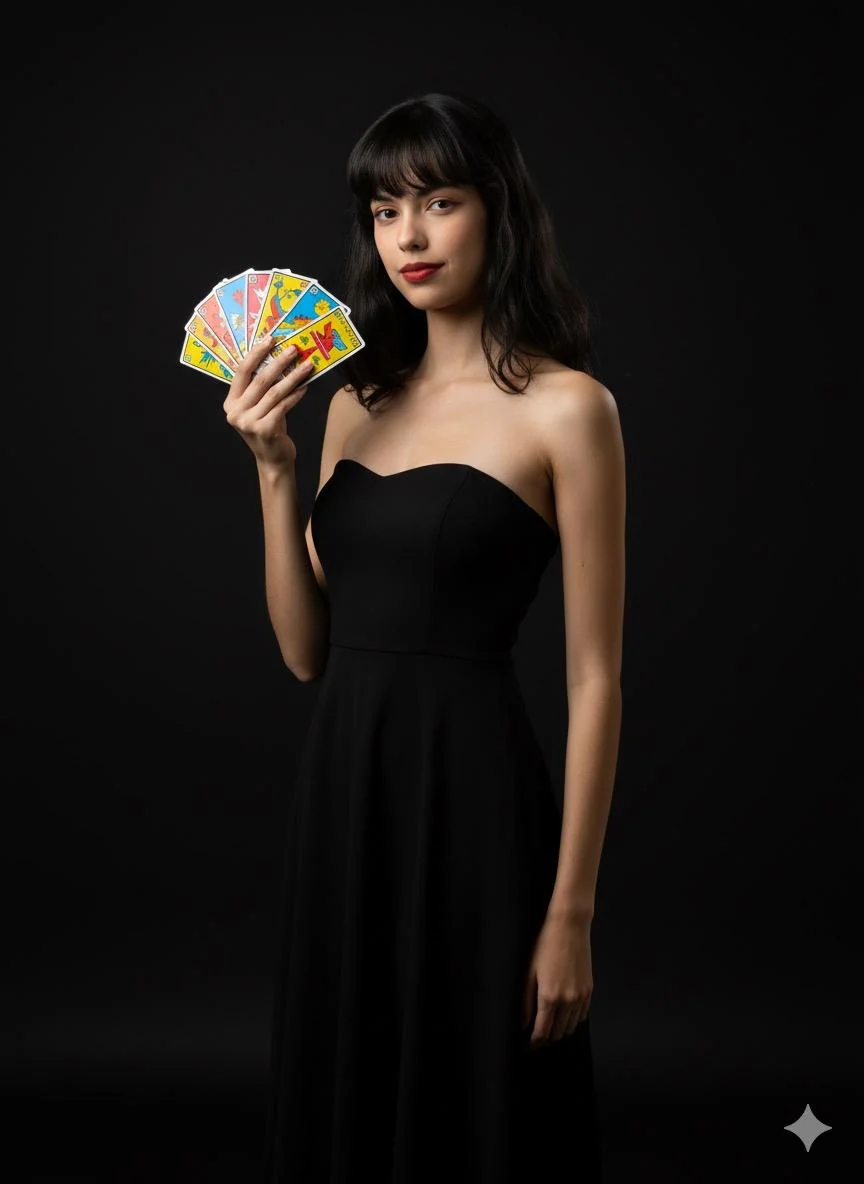 Retrato de Hanna segurando cartas, com vestido preto