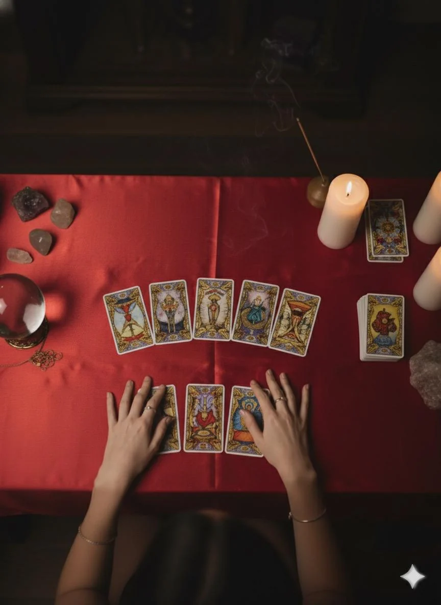 Mesa vermelha com cartas, cristais e velas em uma tiragem